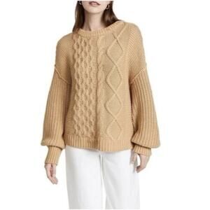 FREE PEOPLE Dream Cable Crewneck Fisherman Sweater Coastal Boho Camel Small